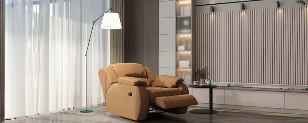 A brown leather manual recliner chair with the back and leg rest reclined