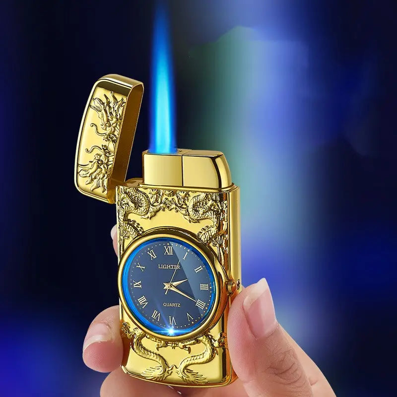 Embossed Watch Inflatable Windproof Lighter True Dial LED Blue Light Aperture