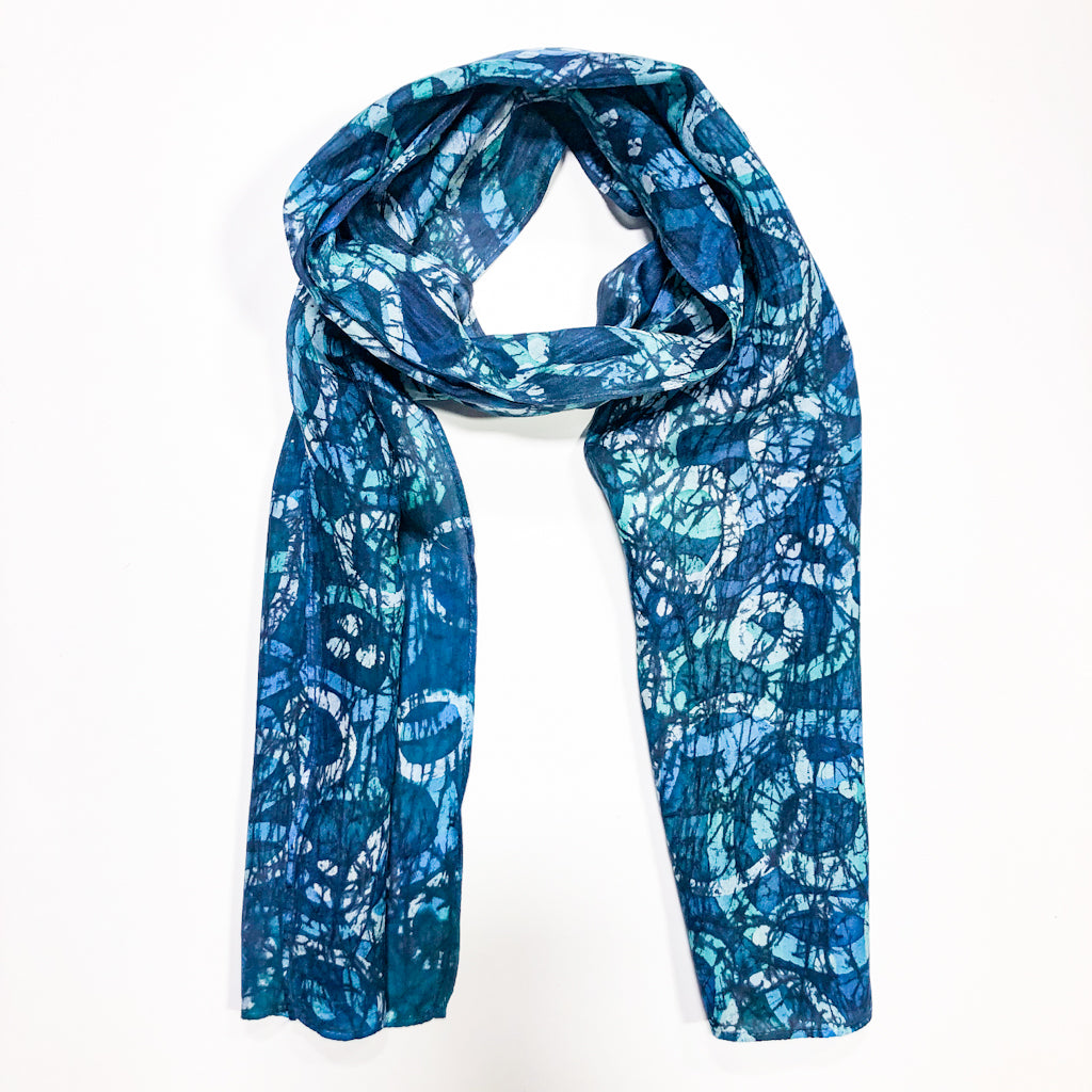 Teal Green Floral Scarf blue green batik silk scarf, batik scarf