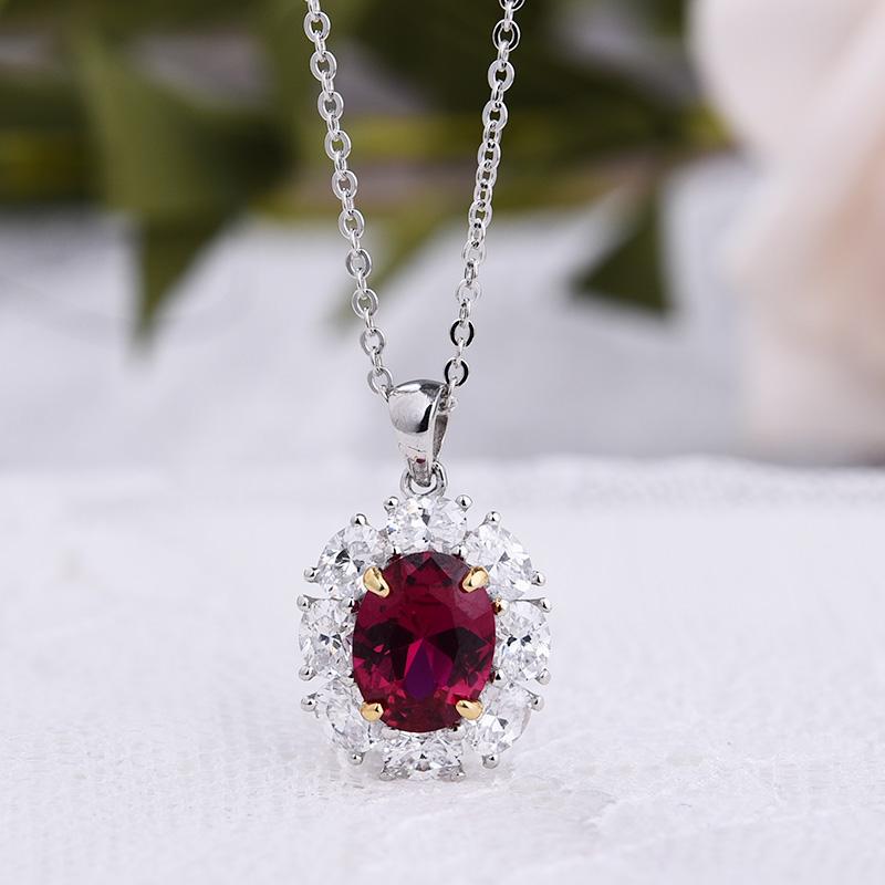 1.8 Carat Ruby Oval Cut Halo Pendant with Necklace In Sterling Silver
