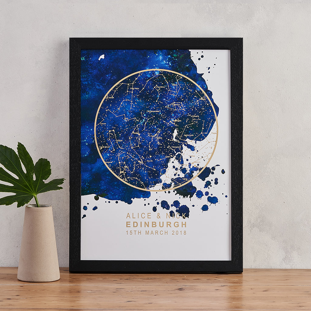 Personalised Map of the Stars Print - Blue Blot and Gold Foil — Bookishly