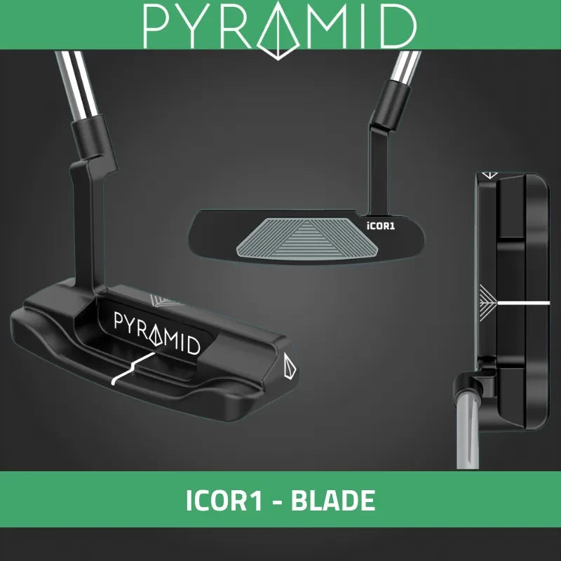 'Pyramid iCOR1 Blade putter in black, shown from three angles.'