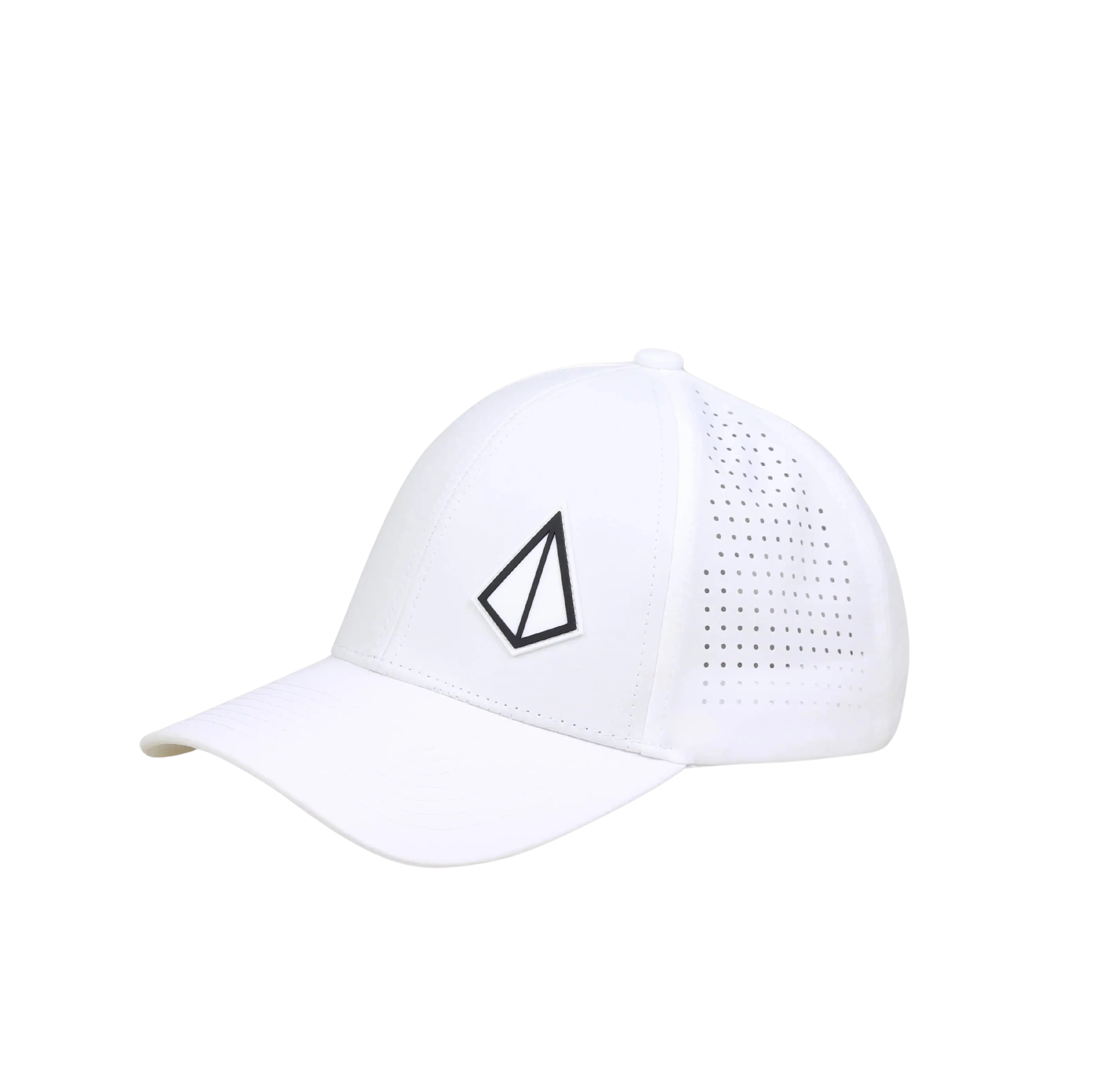 White baseball cap with a geometric logo and perforated side panels.