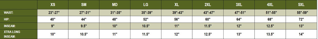 BDU Short Size Chart