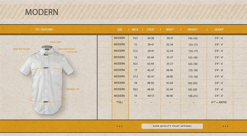 JetSeam - Men's Modern Cut Long Sleeve Pilot Shirt, Size Chart