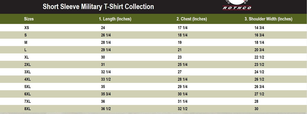 Short Sleeve Military T-Shirt Size Chart