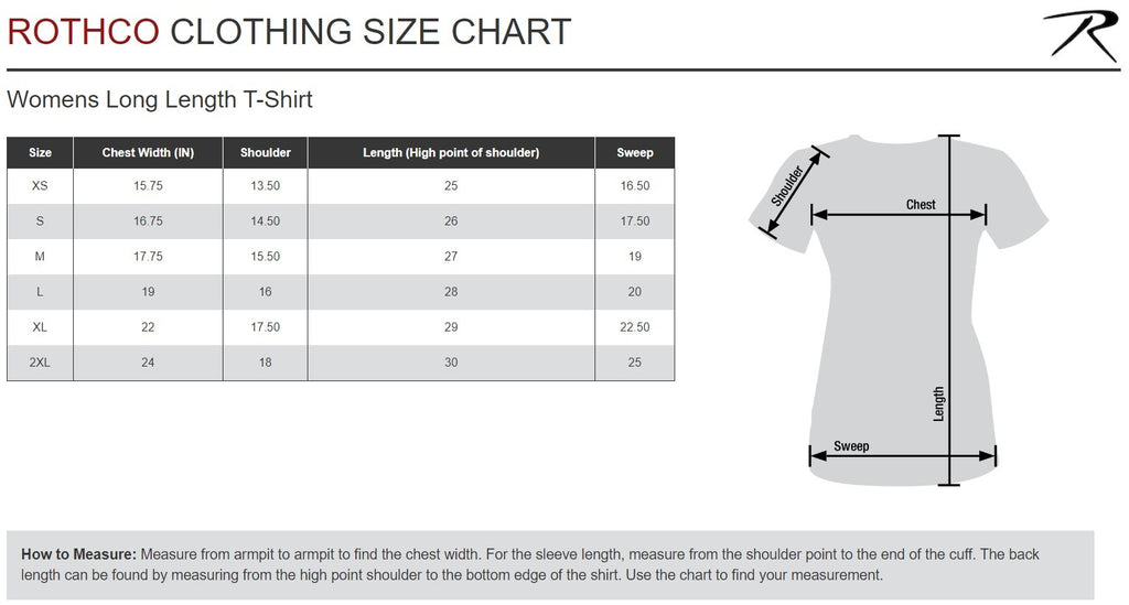 Women's Long Length T-Shirt Size Chart