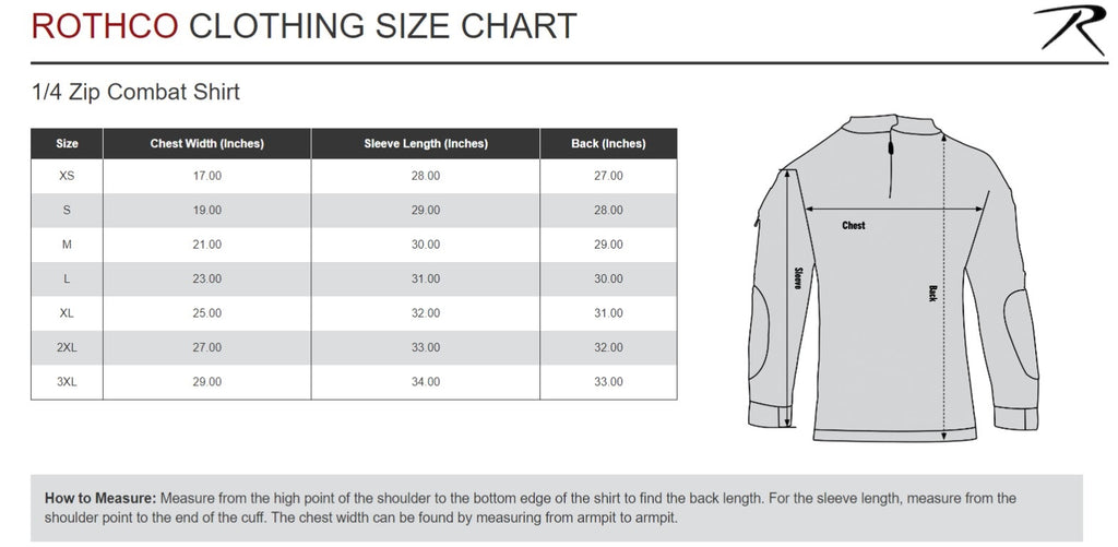 Zip Combat Shirt Size Chart