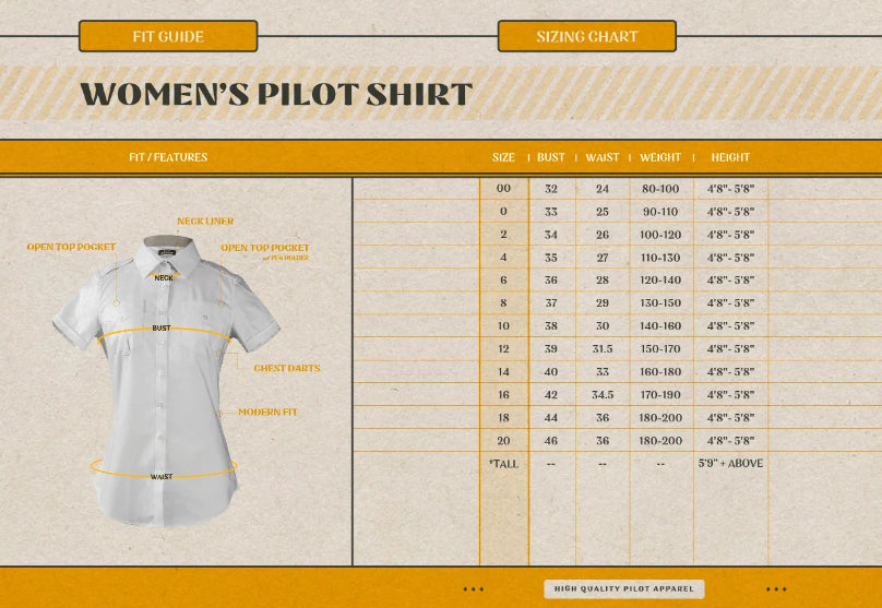 JetSeam - Women's Modern Cut Short Sleeve Pilot Shirt, Size Chart
