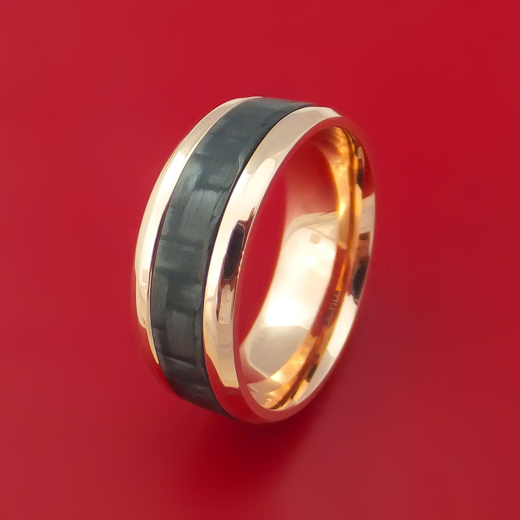 14k Rose Gold Ring with Black Carbon Fiber Inlay Custom Made Men's ...