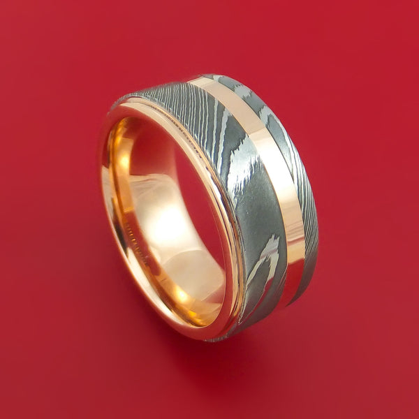 Damascus Steel 14K Rose  Gold  Ring  Wedding  Band  with Gold  