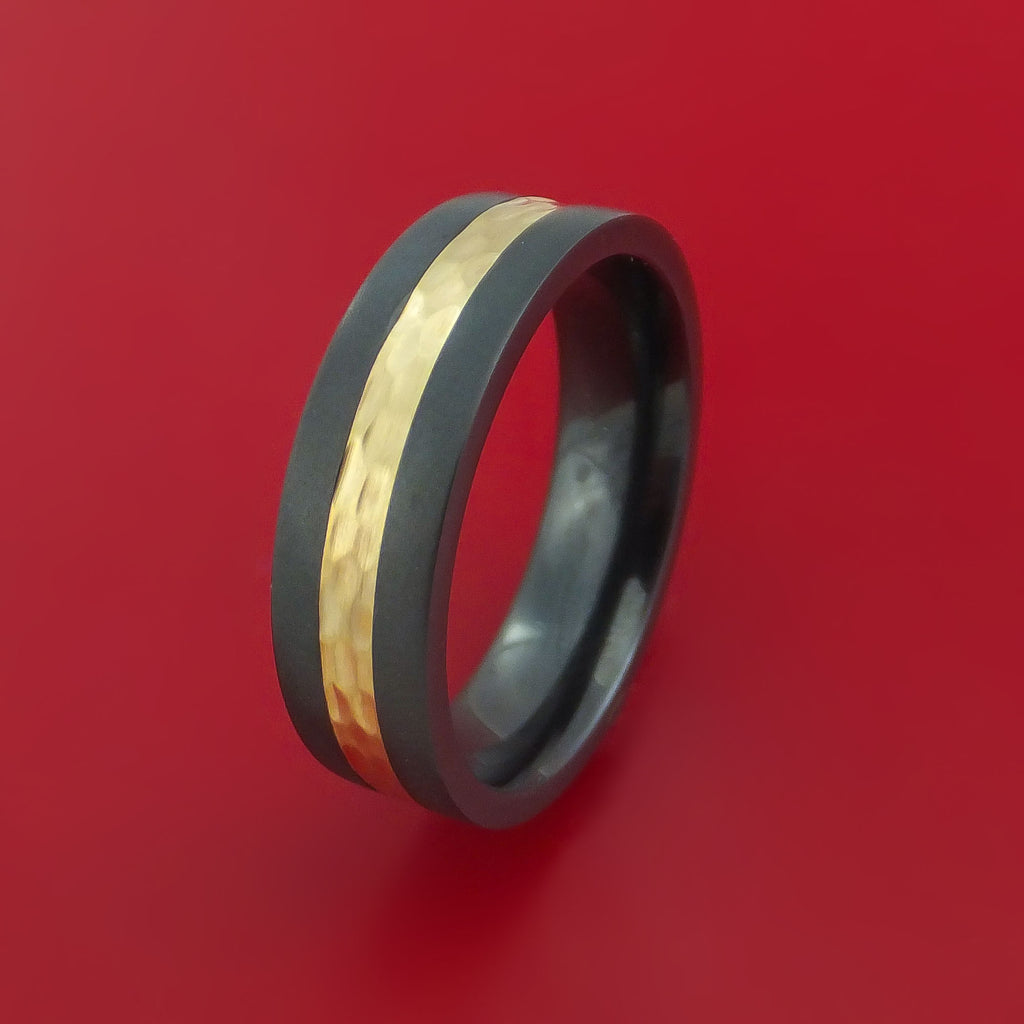 Black Zirconium and Hammered 14k Yellow Gold Band Custom Made Ring