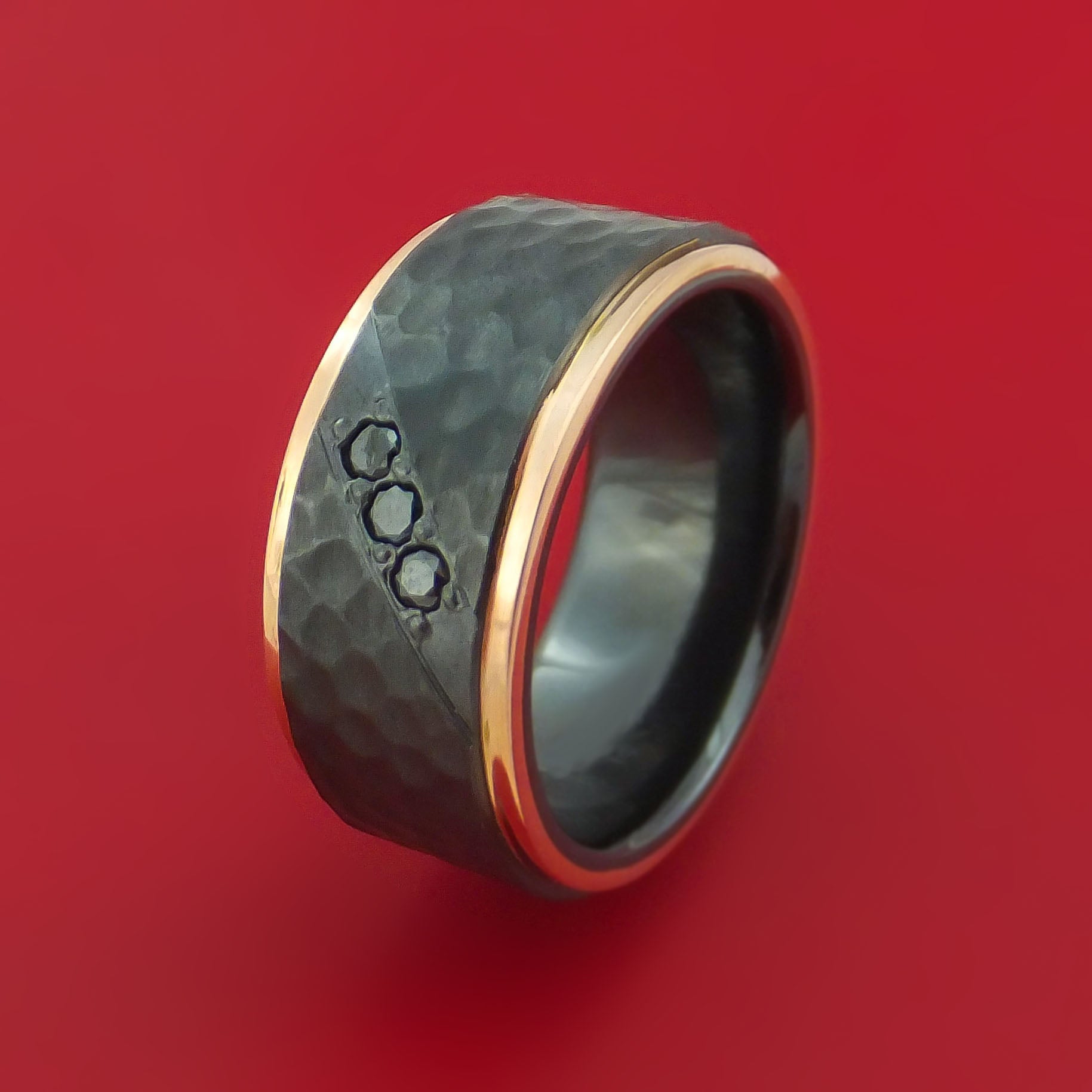 Hammered Black Zirconium Ring with Black Diamonds and 14k Rose Gold ...
