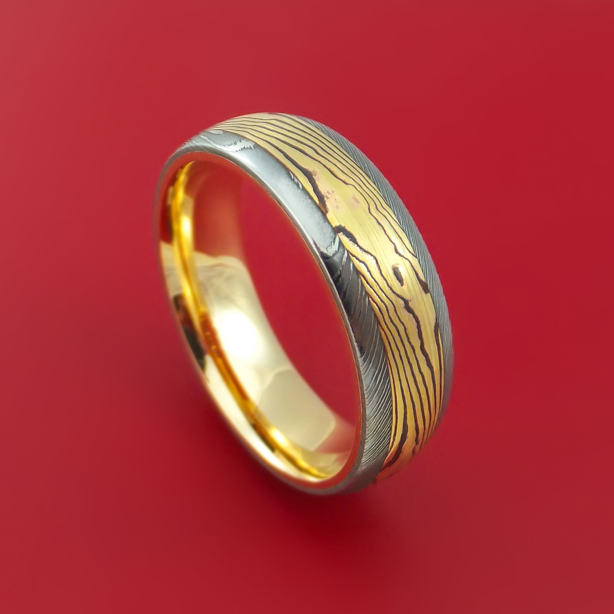 Damascus Steel Ring with 18k Yellow Gold Mokume Shakudo