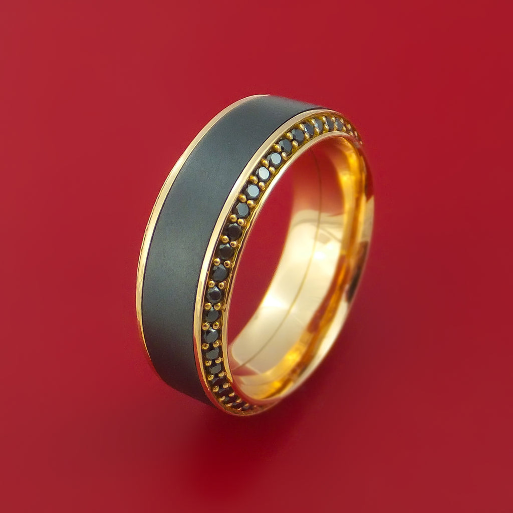 18K Rose Gold Ring with Black Zirconium Inlay and Eternity Set Black D ...