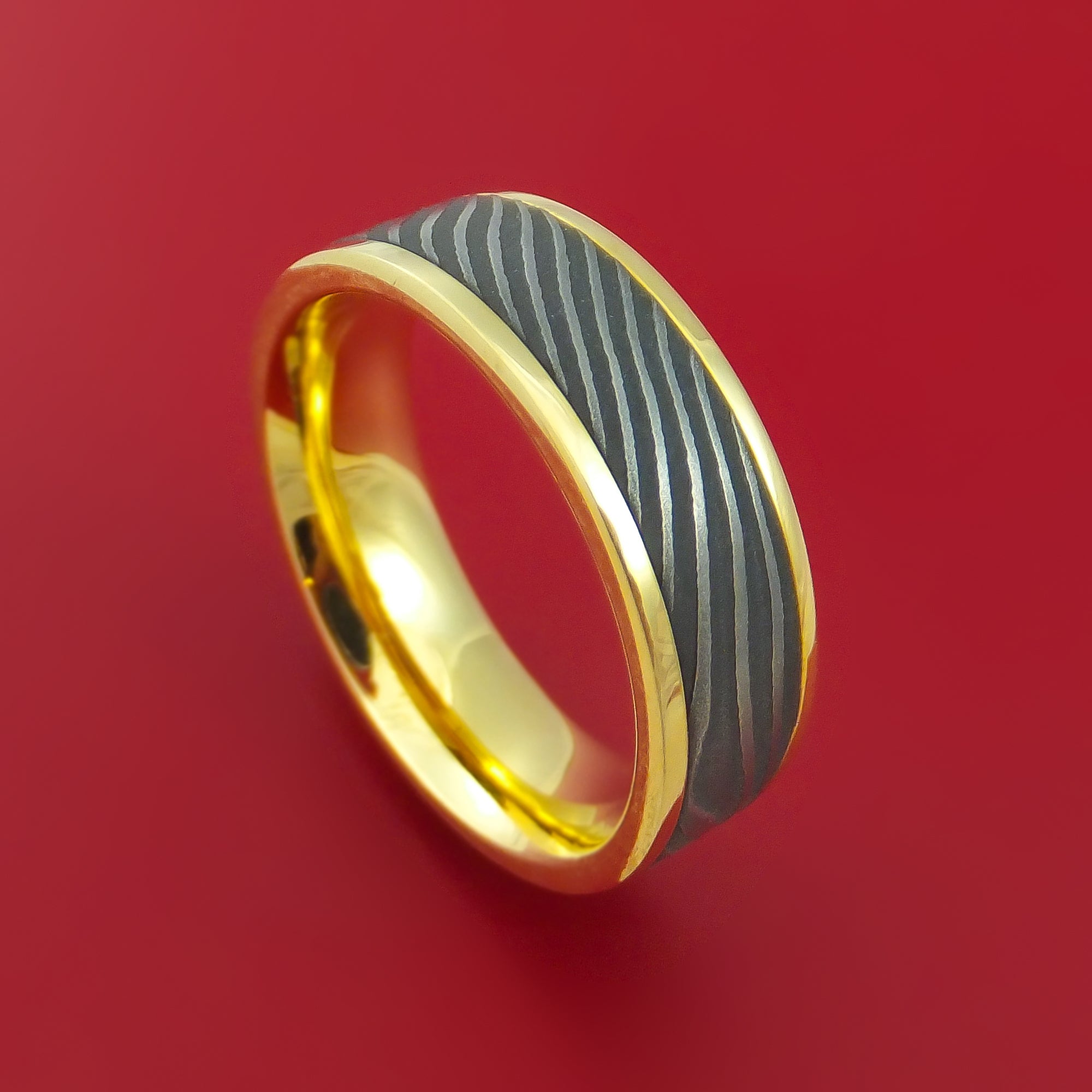 18K Yellow Gold Ring with Flat Twist Damascus Steel Inlay Custom Made ...