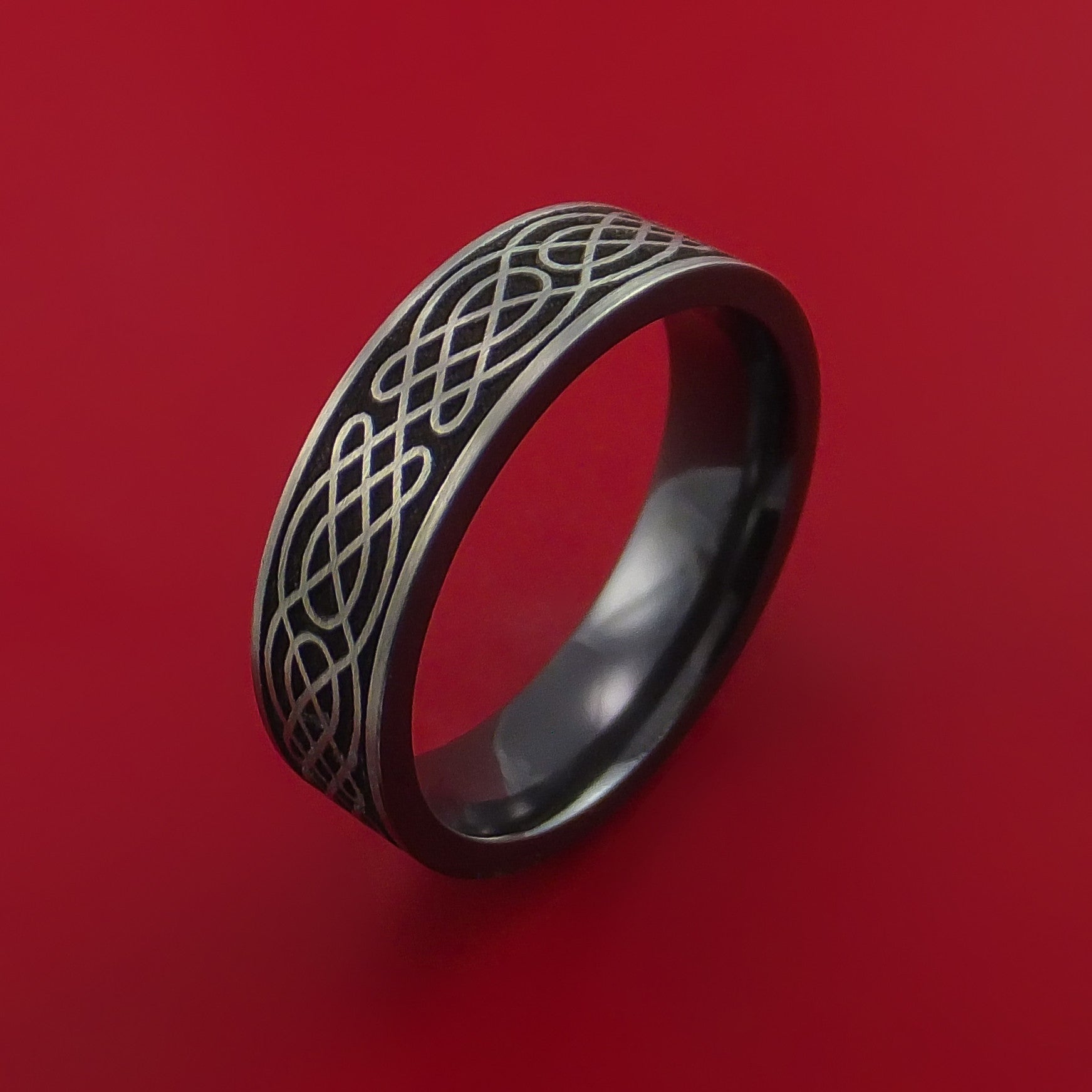 Black Zirconium Ring with Infinity Knot Etched Celtic Design Inlay ...