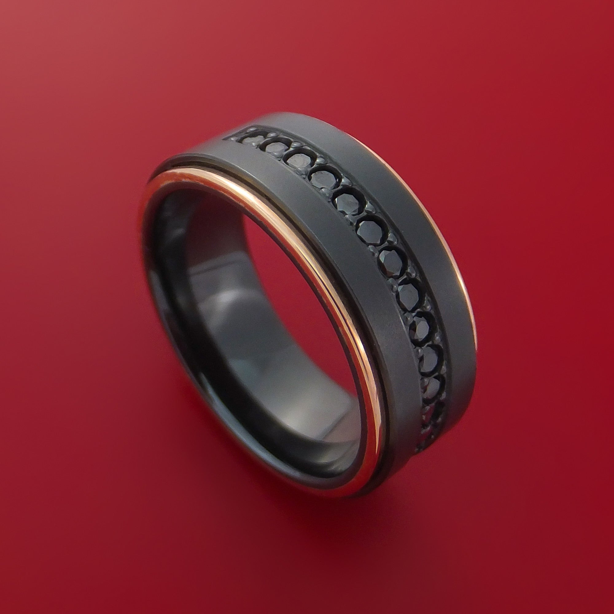 Black Zirconium Ring with Black Diamonds and 14k Rose Gold