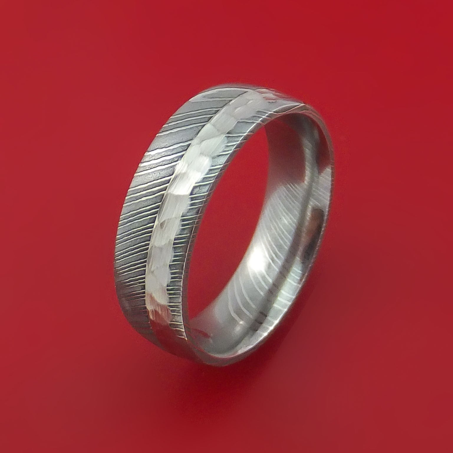 Damascus Steel and Hammered Platinum Ring Custom Made Wedding Band ...