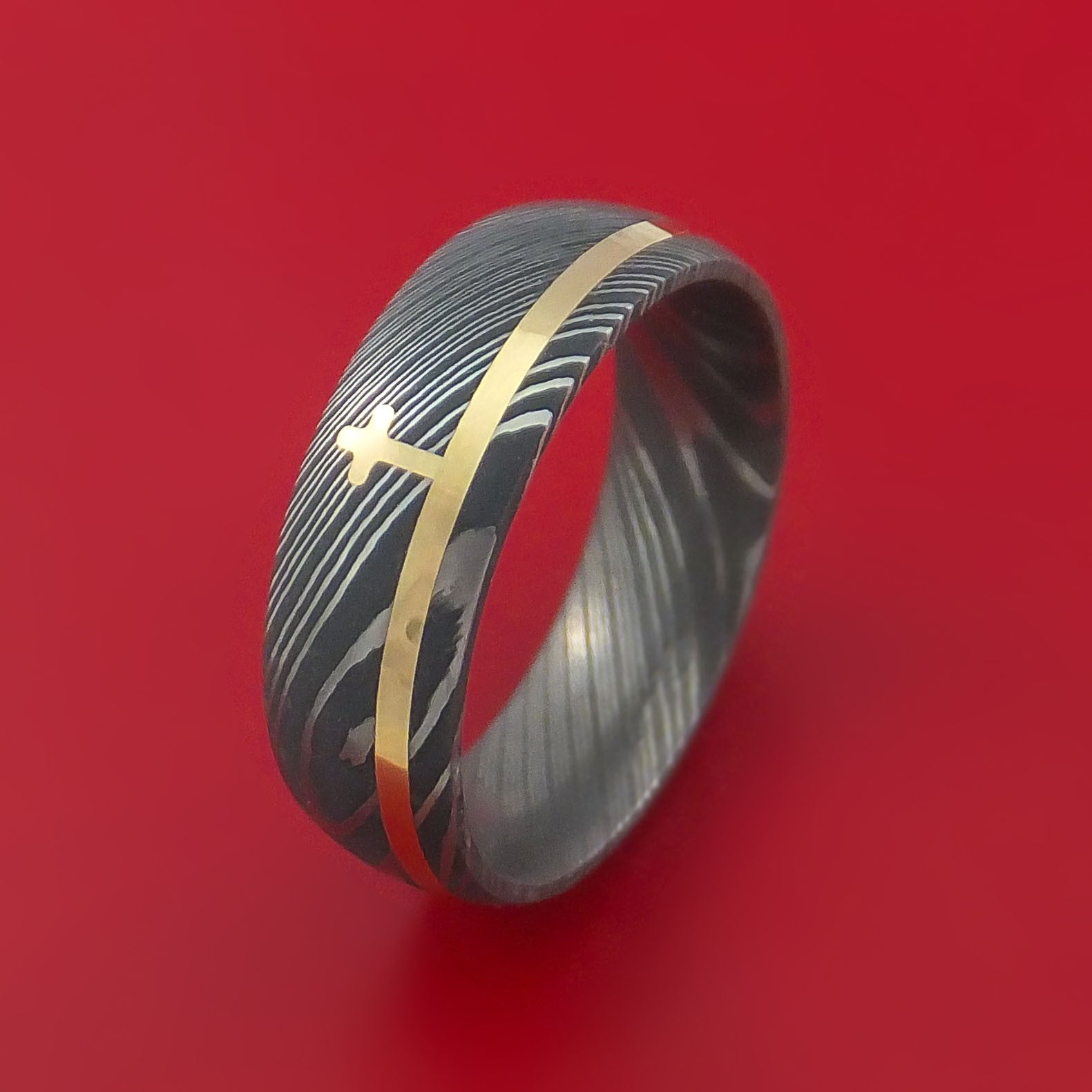 Damascus Steel Ring with 14k Yellow Gold and 14k Yellow