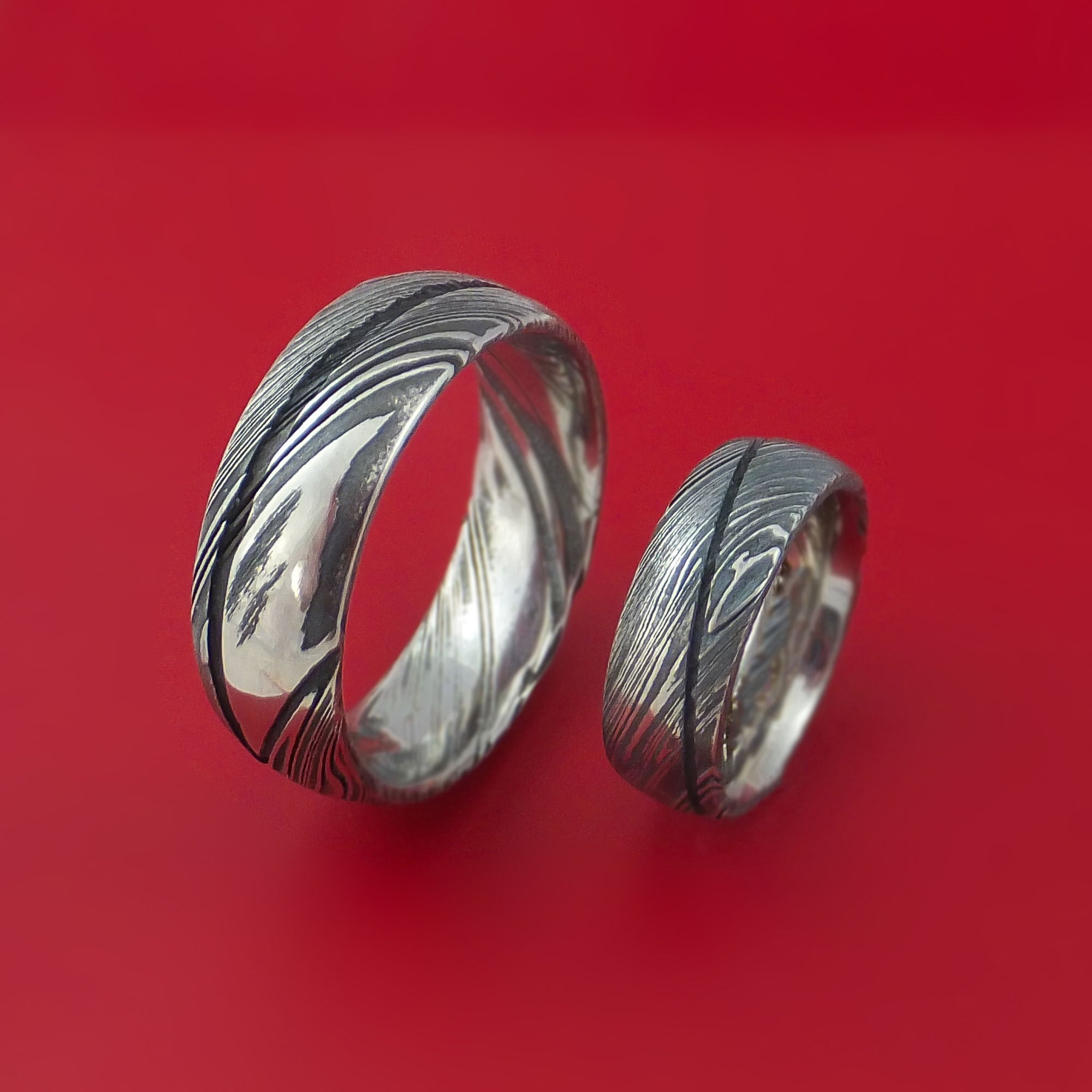 Matching Kuro Damascus Steel Ring Set Wedding Bands