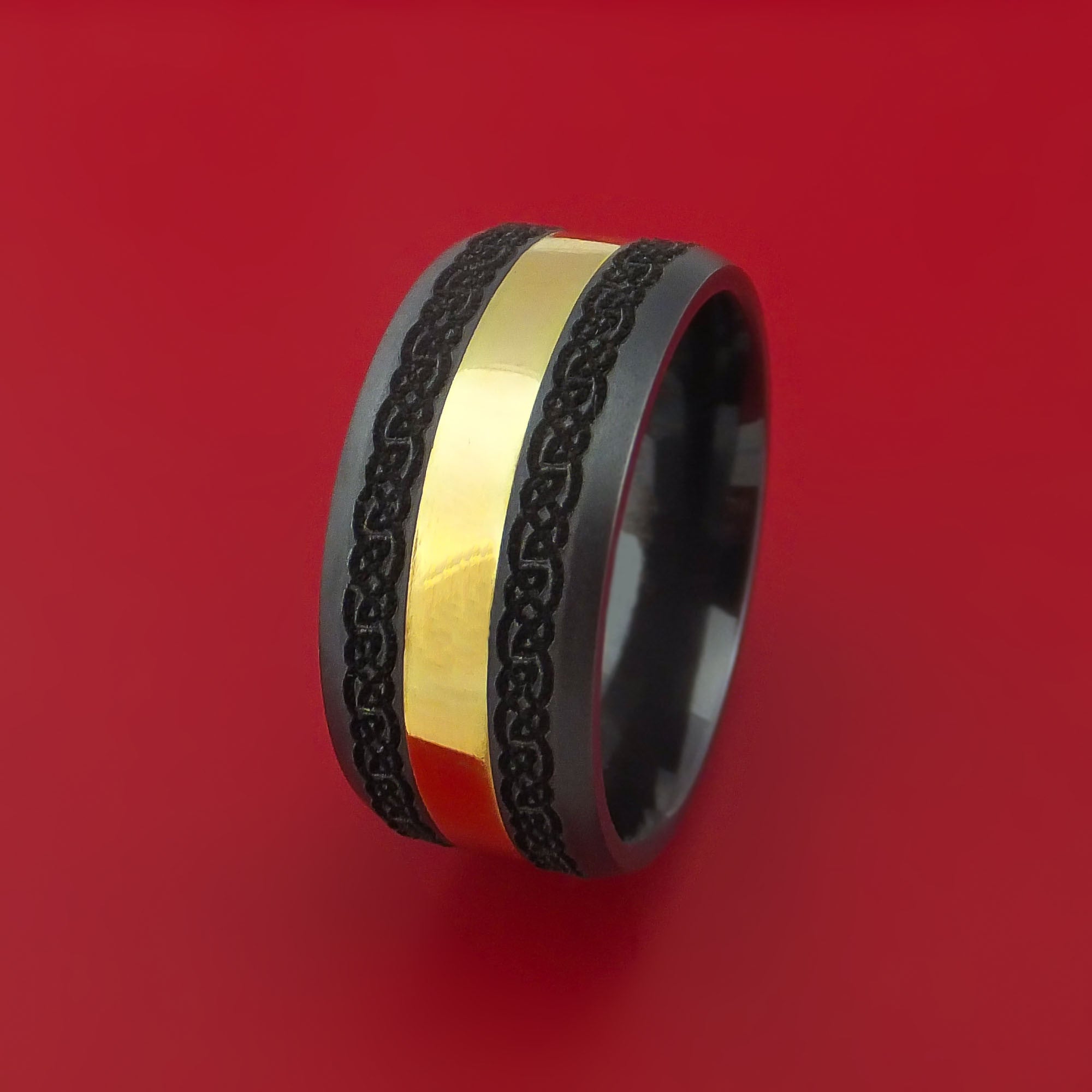 Wide Black Zirconium Ring with 18k Yellow Gold and Celtic Laser-Etched ...