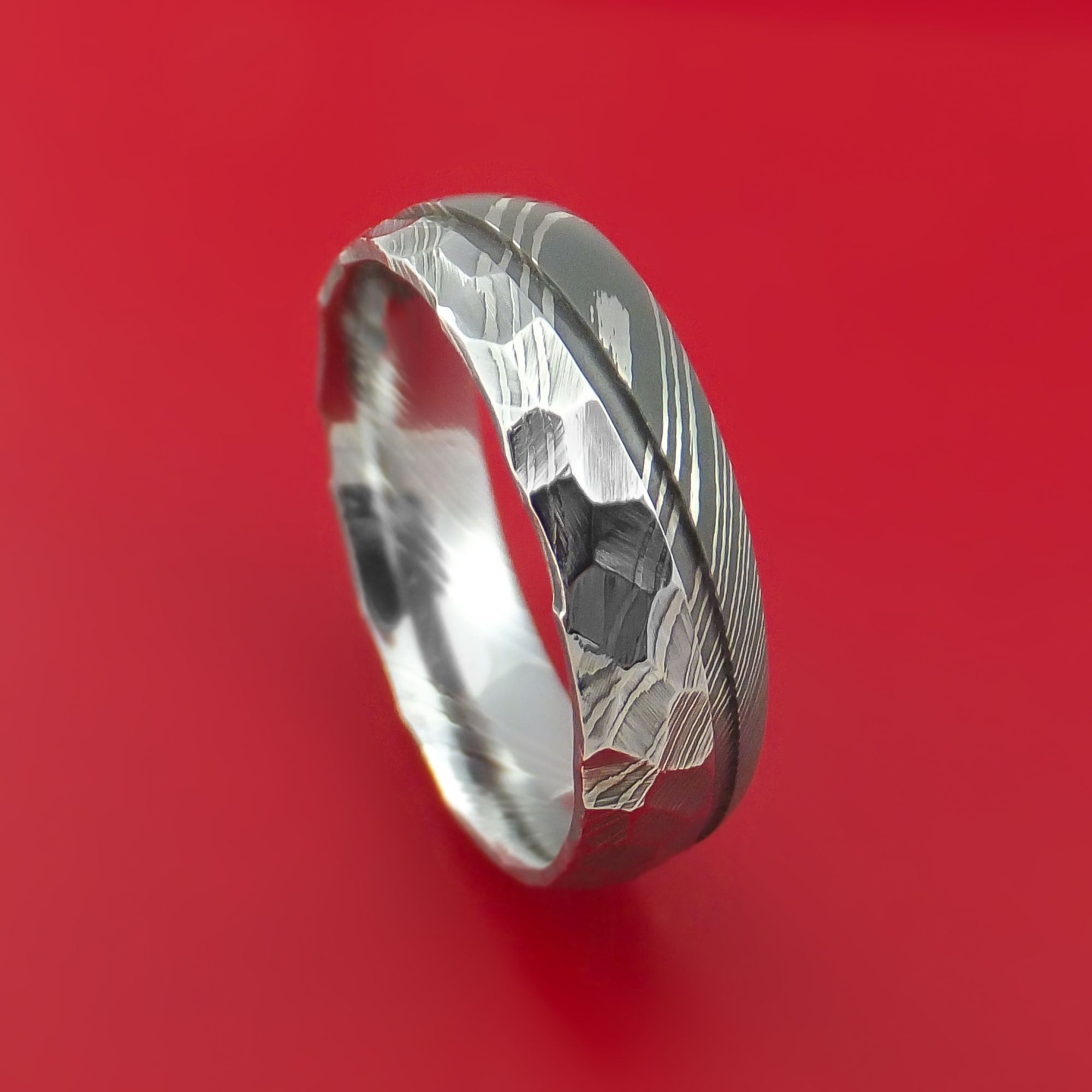 Damascus Steel Ring with Groove Inlay Custom Made Men's