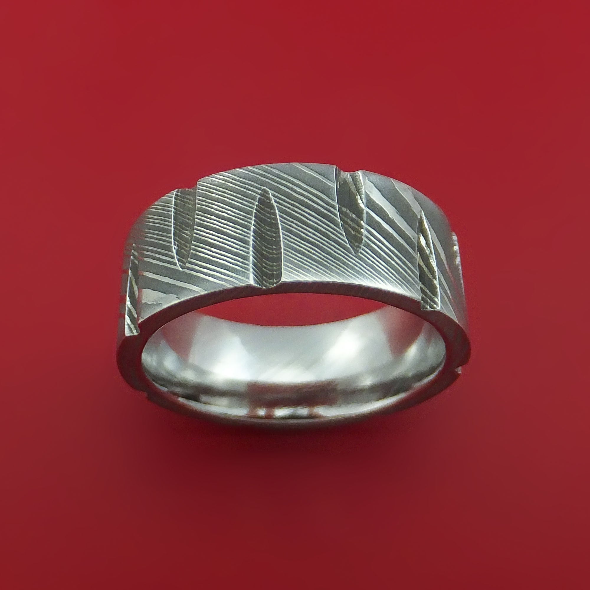 Damascus Steel Ring with Notched Out Wedges Inlay Custom