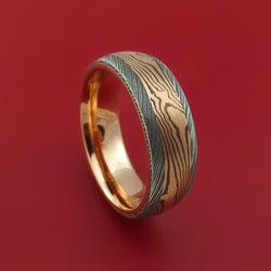 Damascus Steel Ring with Rose Gold Mokume Shakudo and Rose Gold Sleeve Custom Made Band