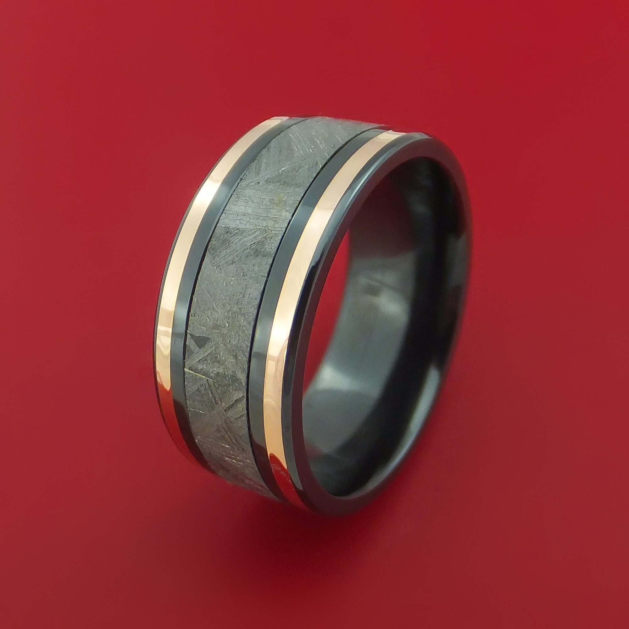 Black Zirconium Ring with Gibeon Meteorite and 14k Rose