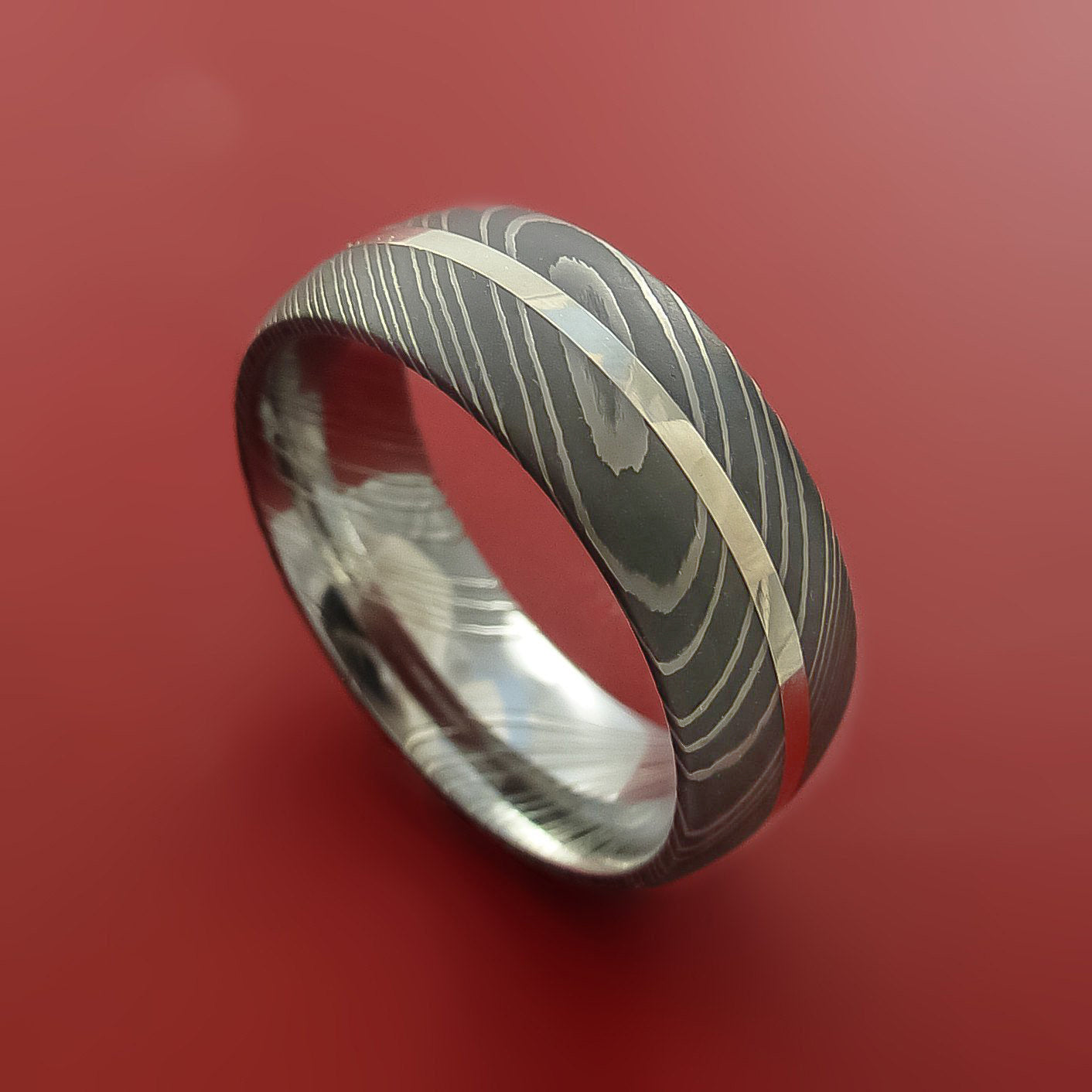 Damascus Steel Ring with Platinum Inlay Custom Made Men's