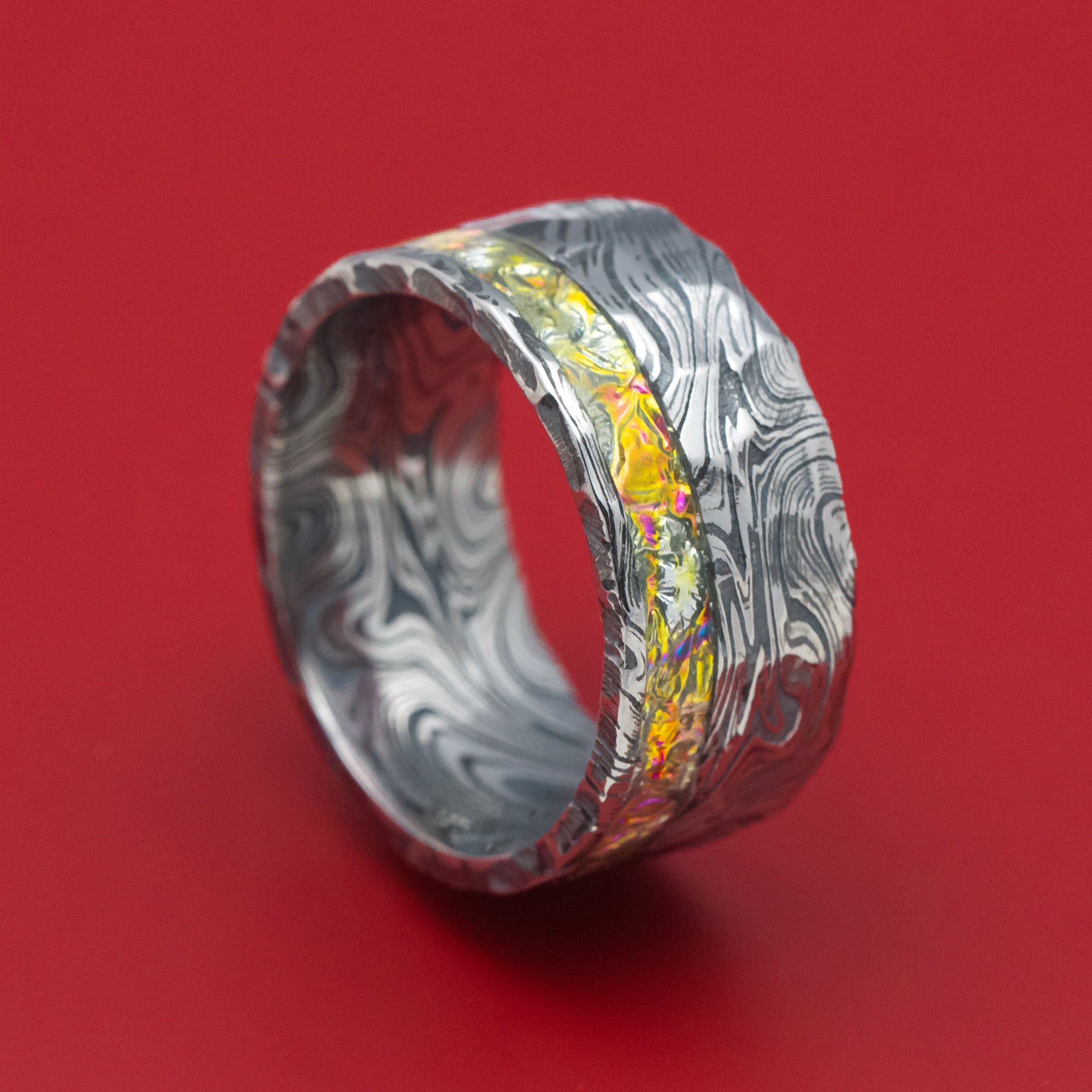 Marble Kuro Damascus Steel and Dichrolam Inlay Ring Custom Made Band - Stonebrook Jewelry product image