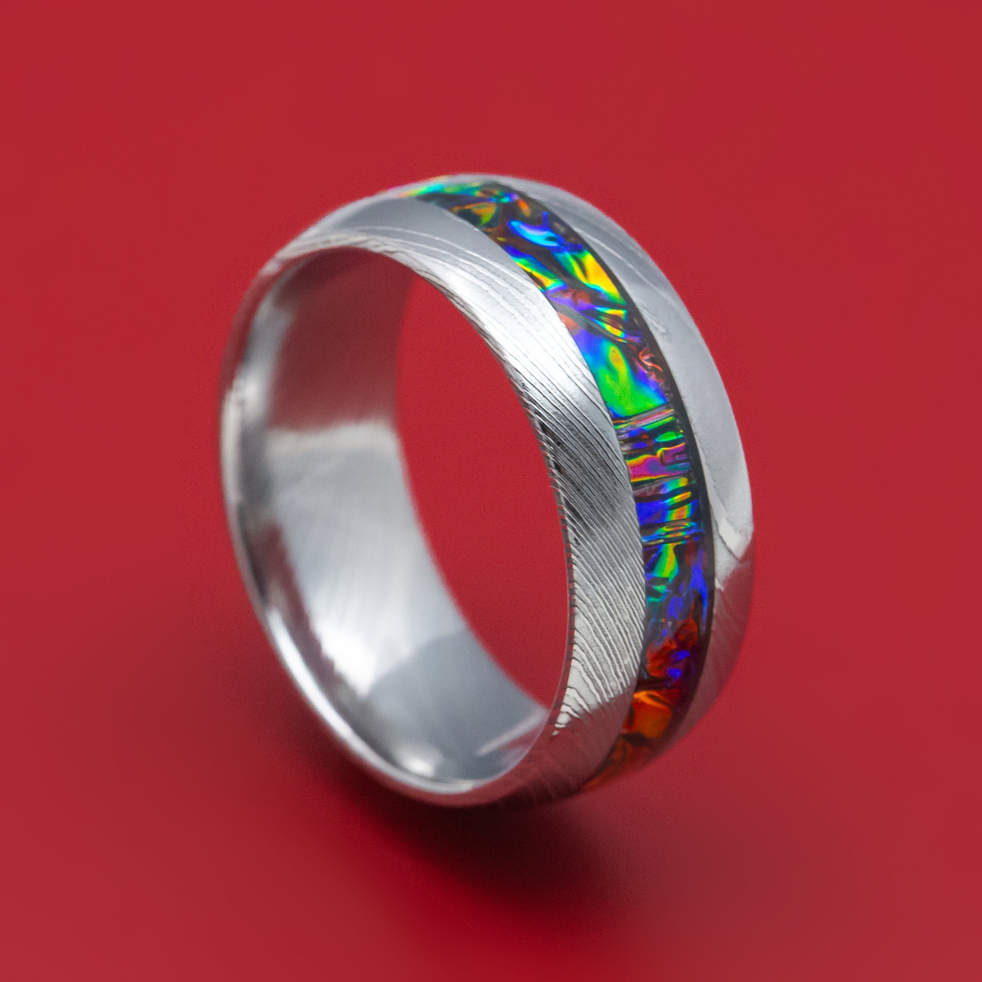 Damascus Steel and Dichrolam Inlay Ring Custom Made Band - Stonebrook Jewelry product image