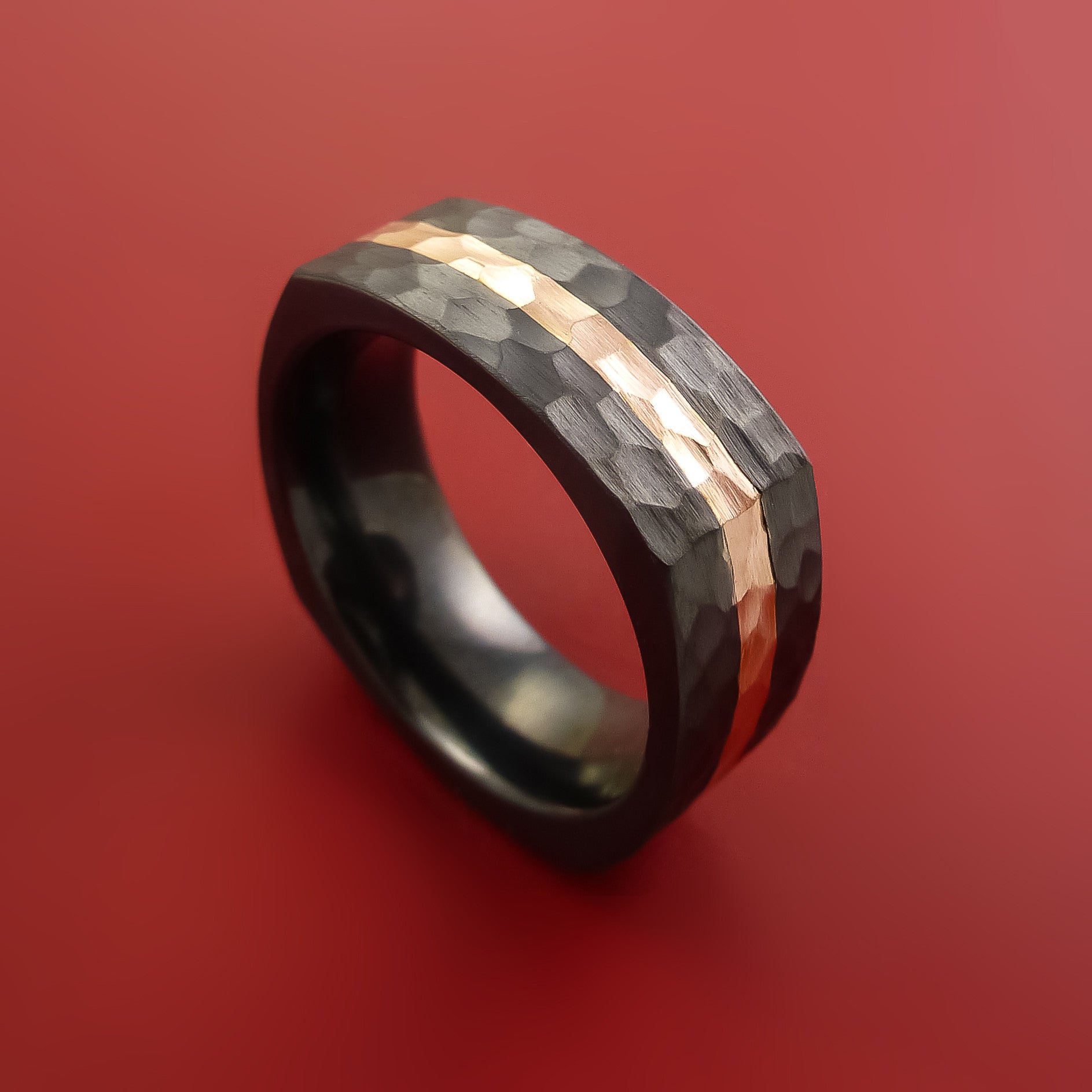 Hammered Black Zirconium Ring With 14k Rose Gold Inlay Custom Made Mens Wedding Band