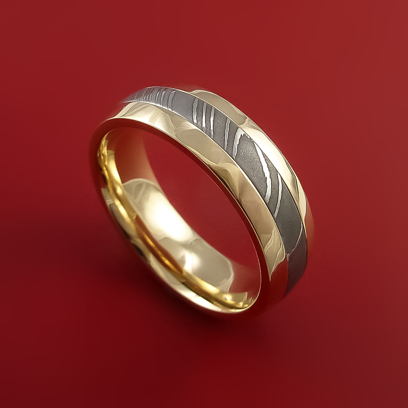 14k Yellow Gold Ring with Damascus Steel Inlay Custom Made
