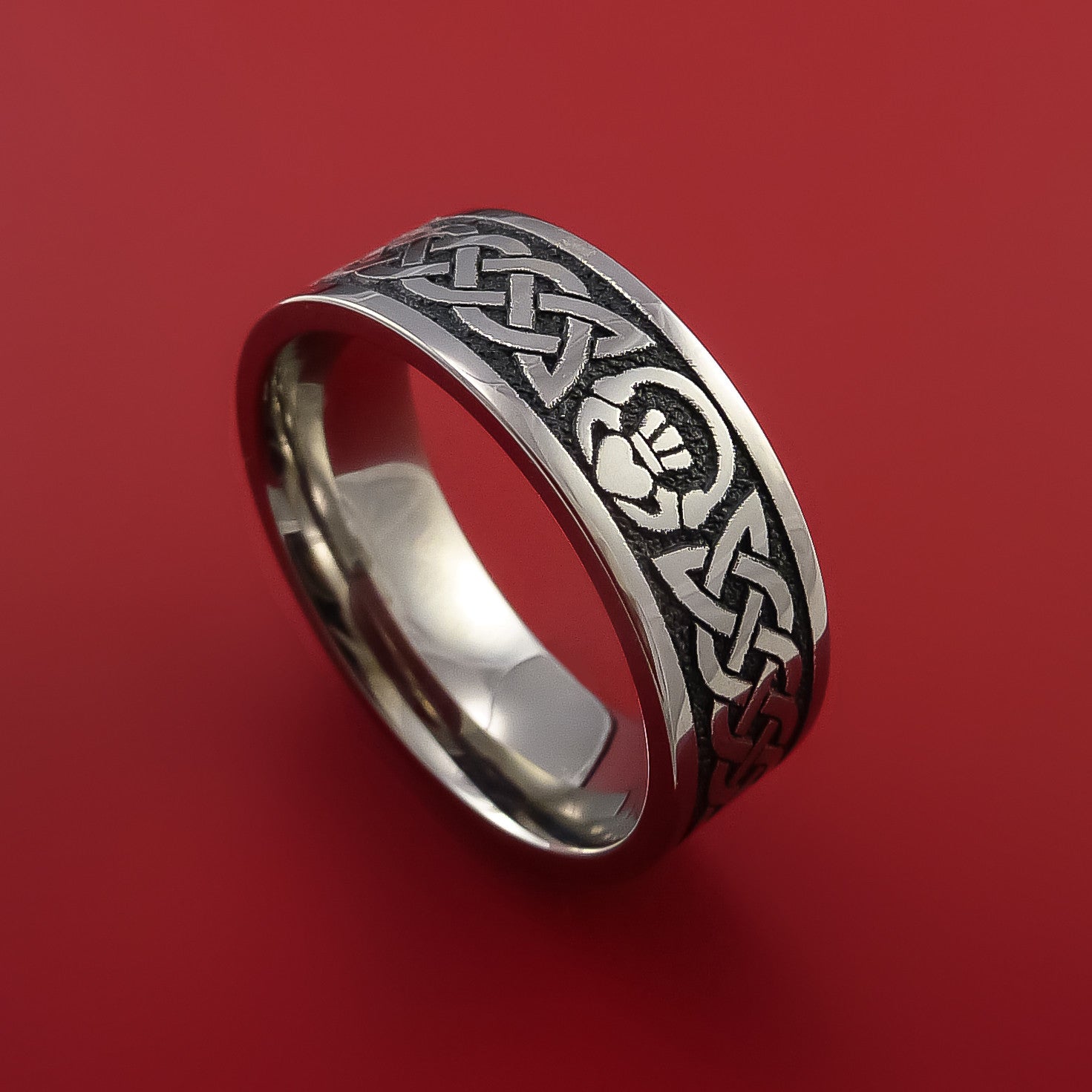 Titanium Ring with Claddagh Etched Celtic Design Inlay