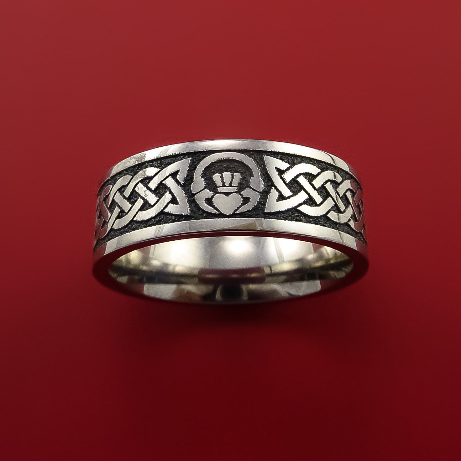 Titanium Ring with Claddagh Etched Celtic Design Inlay