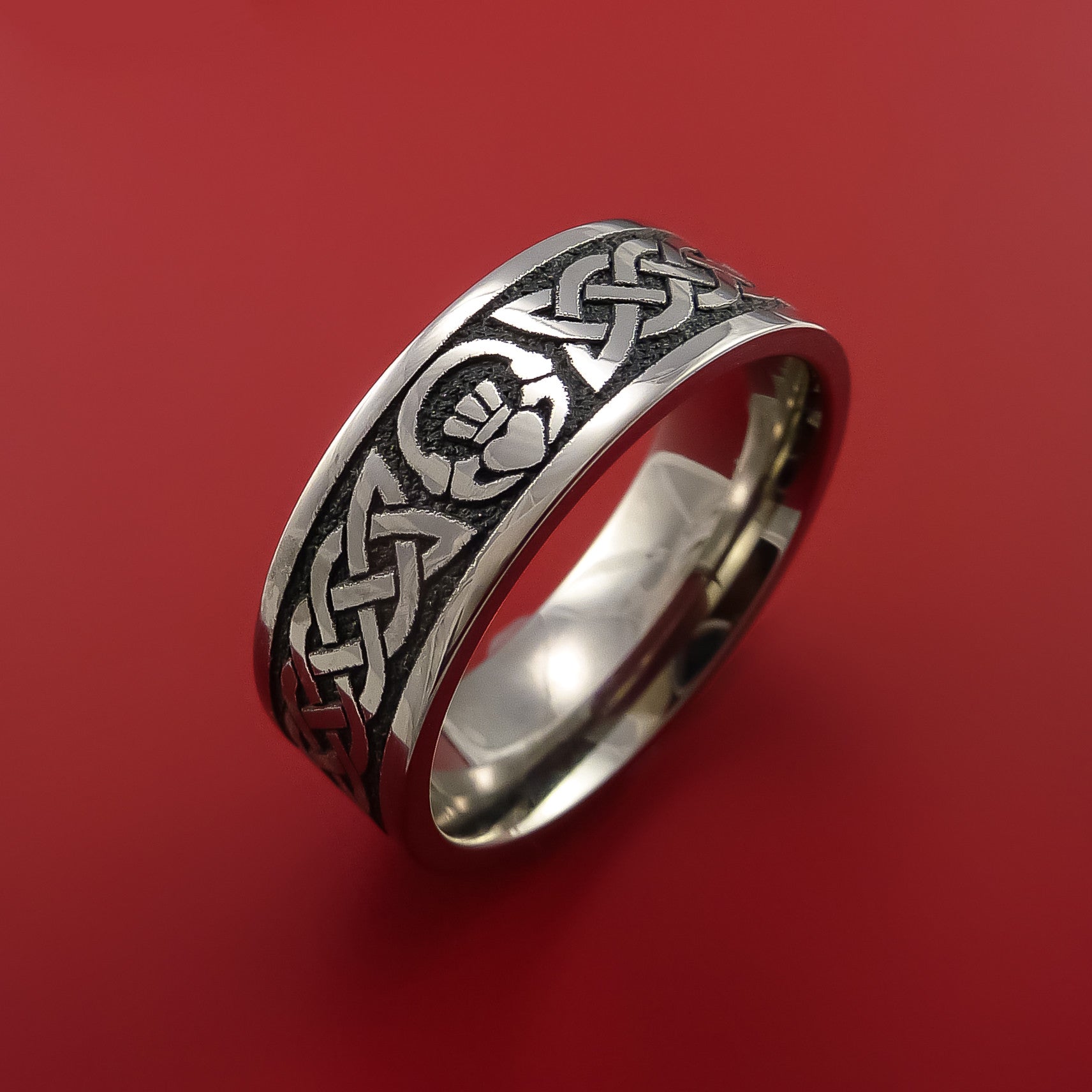 Titanium Ring with Claddagh Etched Celtic Design Inlay