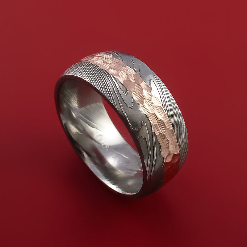 Damascus Steel Ring with 14k Rose Gold Inlay Custom Made