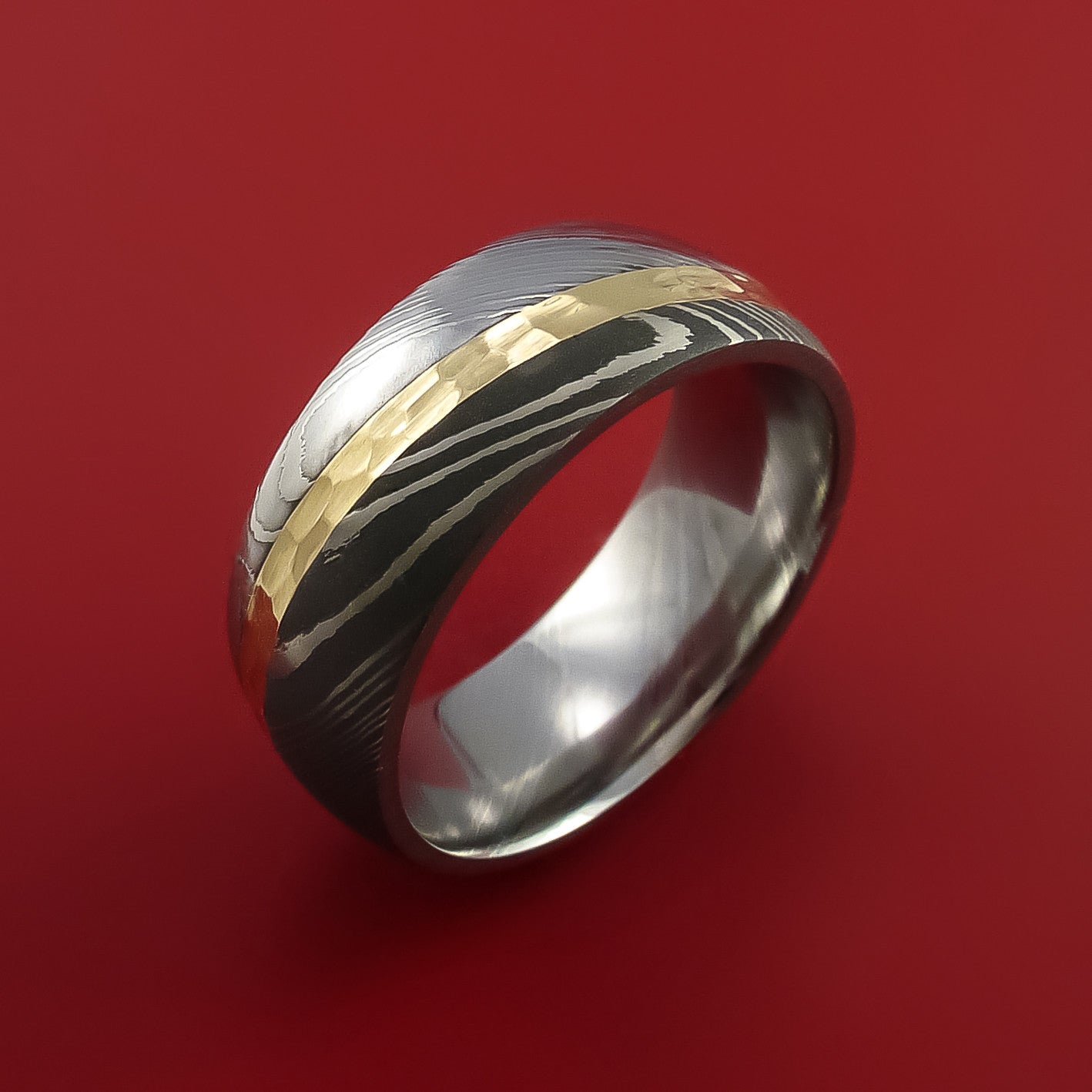 Damascus Steel Ring with 14k Yellow Gold Inlay Custom Made
