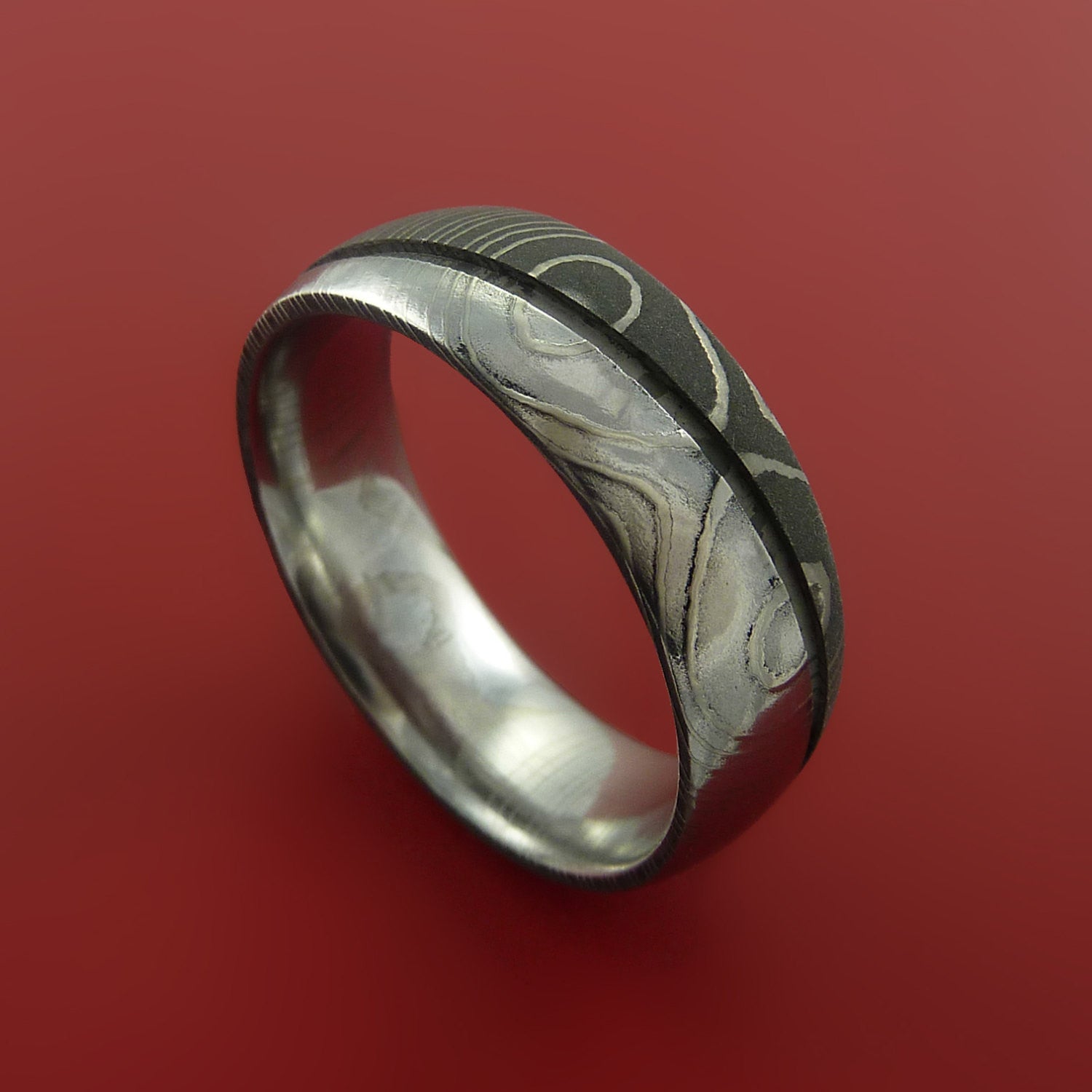 Damascus Steel Ring with Groove Inlay Custom Made Men's