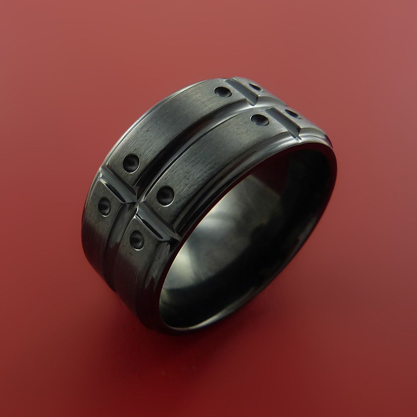Wide Black Zirconium Ring with Industrial Segmented Groove
