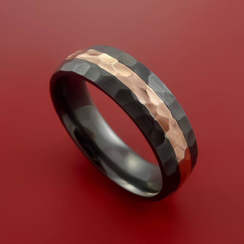 Hammered Black Zirconium Ring With 14k Rose Gold Inlay Custom Made Mens Wedding Band