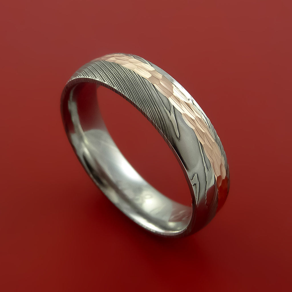 Damascus Steel 14K Rose Gold Ring Wedding Band Custom Made