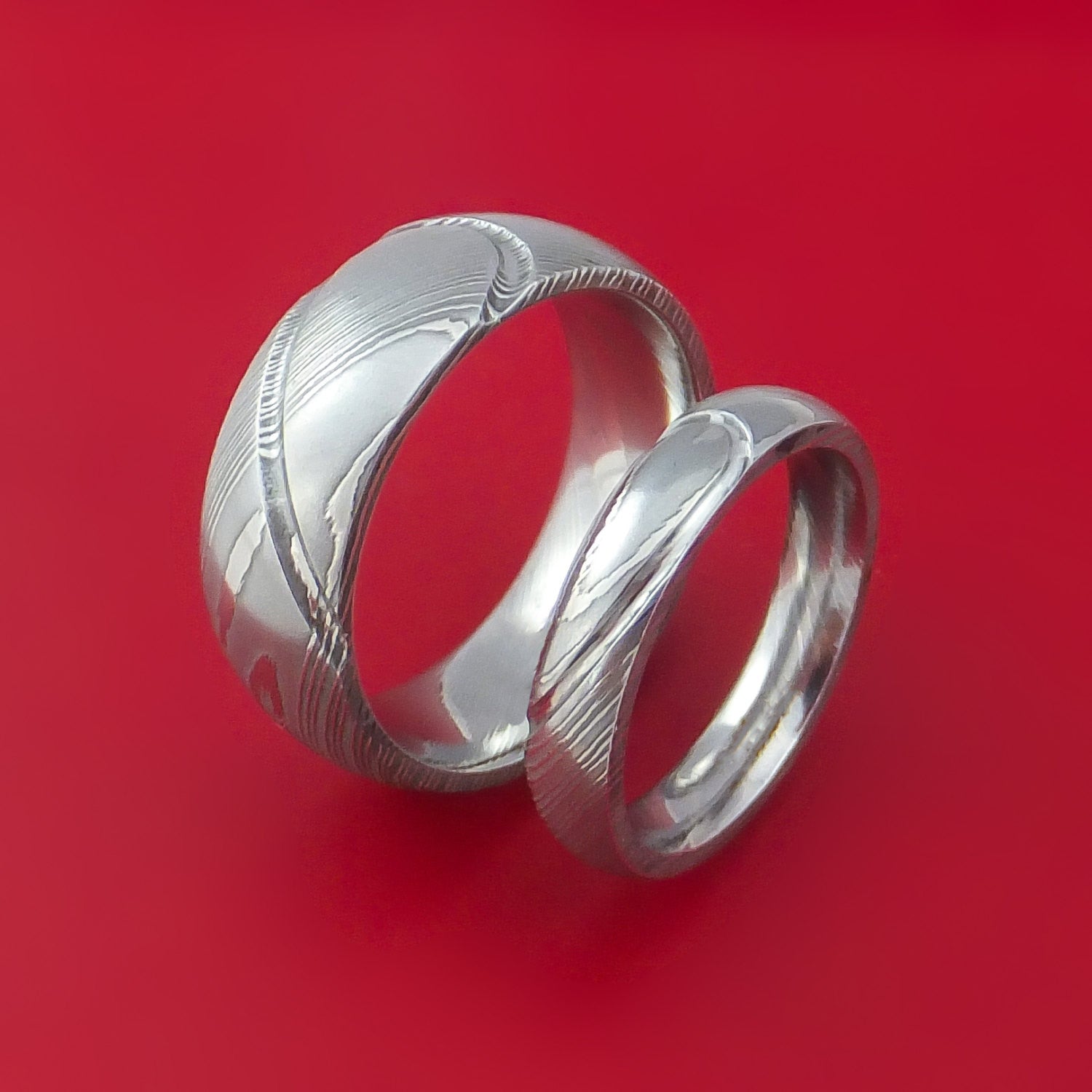Matching Damascus Steel Heart Carved Ring Set Wedding