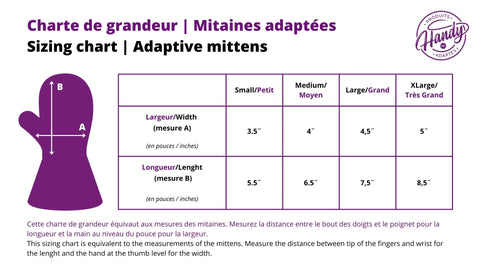 Size chart adaptive mittens