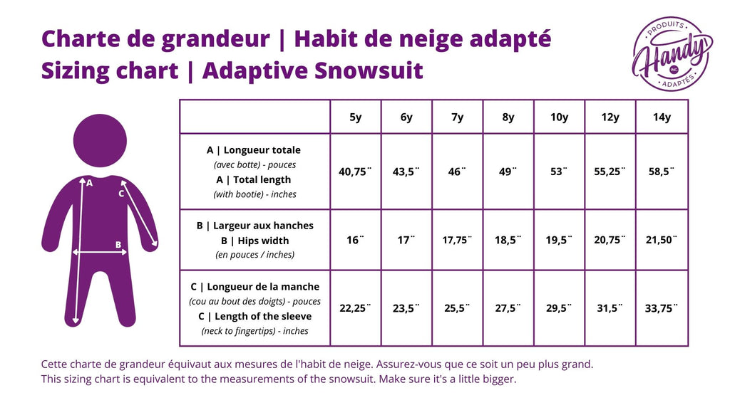 Sizing chart - Adaptive Snowsuit | Handy Adaptive Products