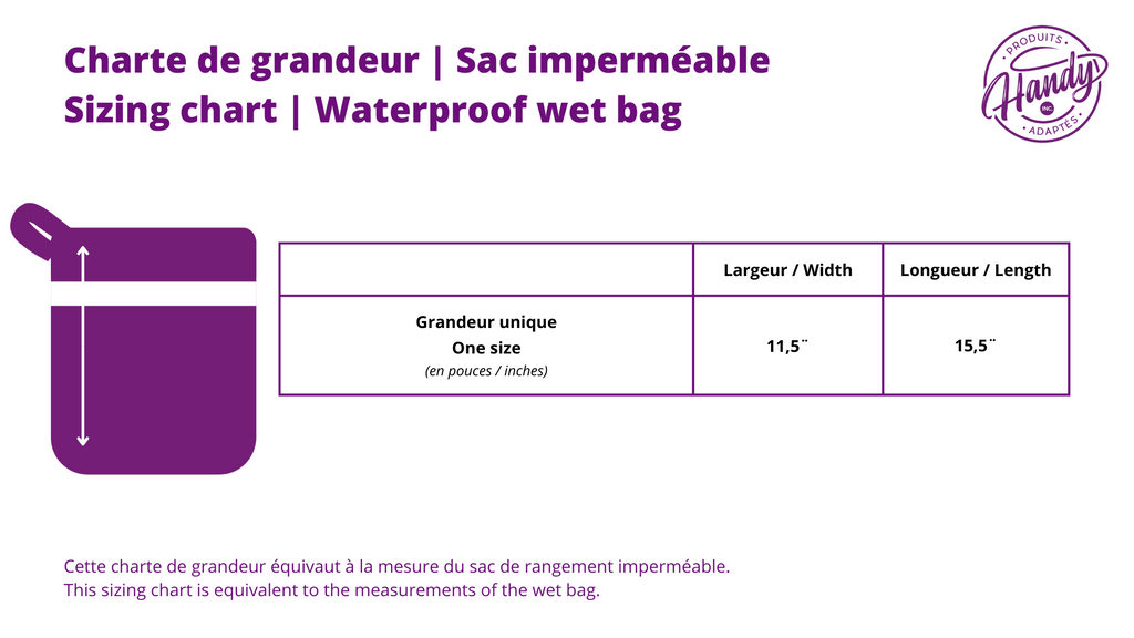 Charte de grandeur Sac Imperméable (grand) / Sizing Chart Large Wet Bag | Produits Adaptés Handy