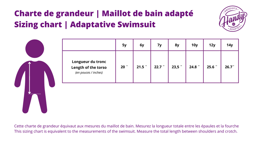 Charte de grandeur Maillot de bain adapté / Sizing Chart Adaptative Swimsuit | Produits Adaptés Handy