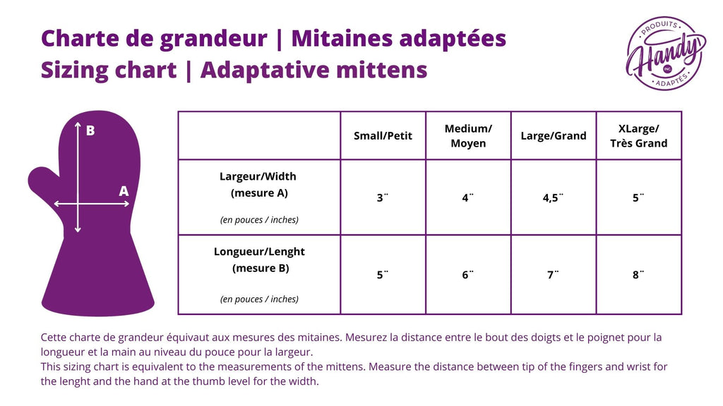 Charte de grandeur pour mitaines adaptées / Size chart for adaptive mittens | Produits Adaptés Handy